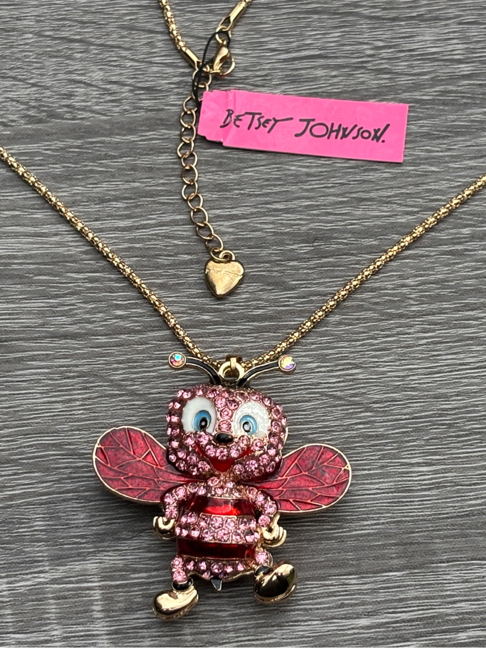 Betsey Johnson Crystal Bee Necklace Gold-Tone Pink with Enamel Wing
